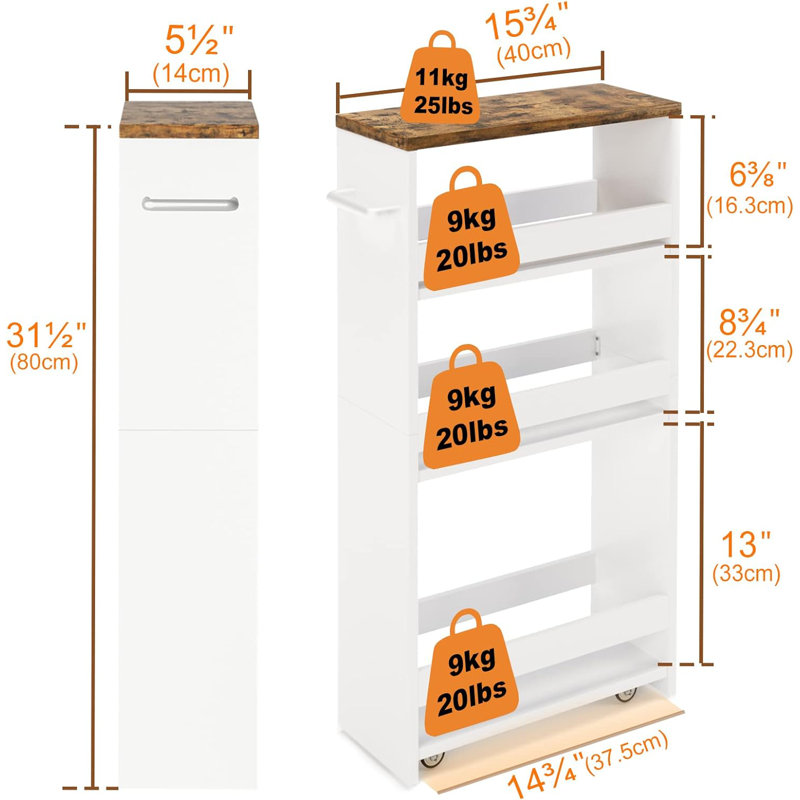 4 Tier Slim Storage Cart With Handle, Slide Out Storage Rolling Utility Cart Mobile Shelving Unit Organizer Trolley, White