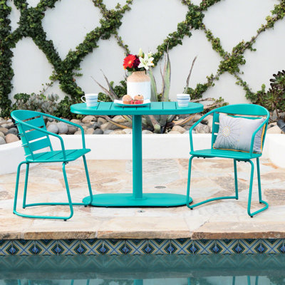 Outdoor Iron Bistro Ensemble - Matte Teal, 2 Chairs & Oval Table For Garden Enjoyment Elegant Teal Color
