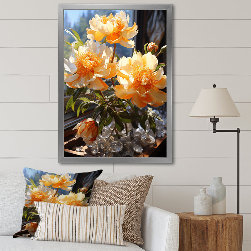 Art floral jaune pivoines jaunes, H 32 po x l 16 po x P 1 po, Cadre photo argenté