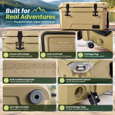 65-Quart Khaki Hard-Sided Plastic Ice Chest Cooler