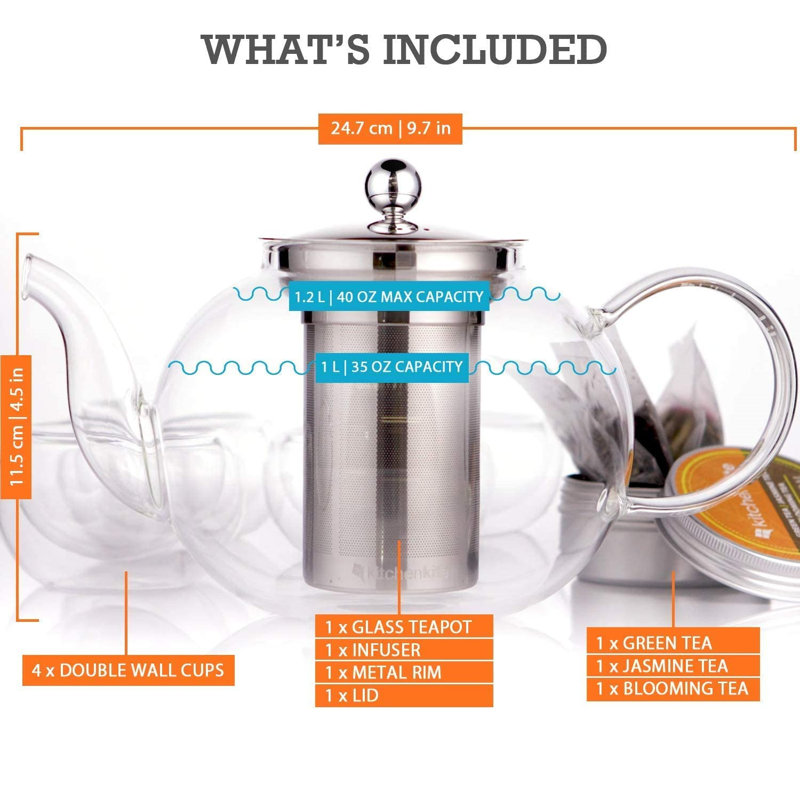 Elegant Clear Glass Teapot Set - 35Oz Capacity, Dishwasher Safe, Perfect Gift For Tea Lovers