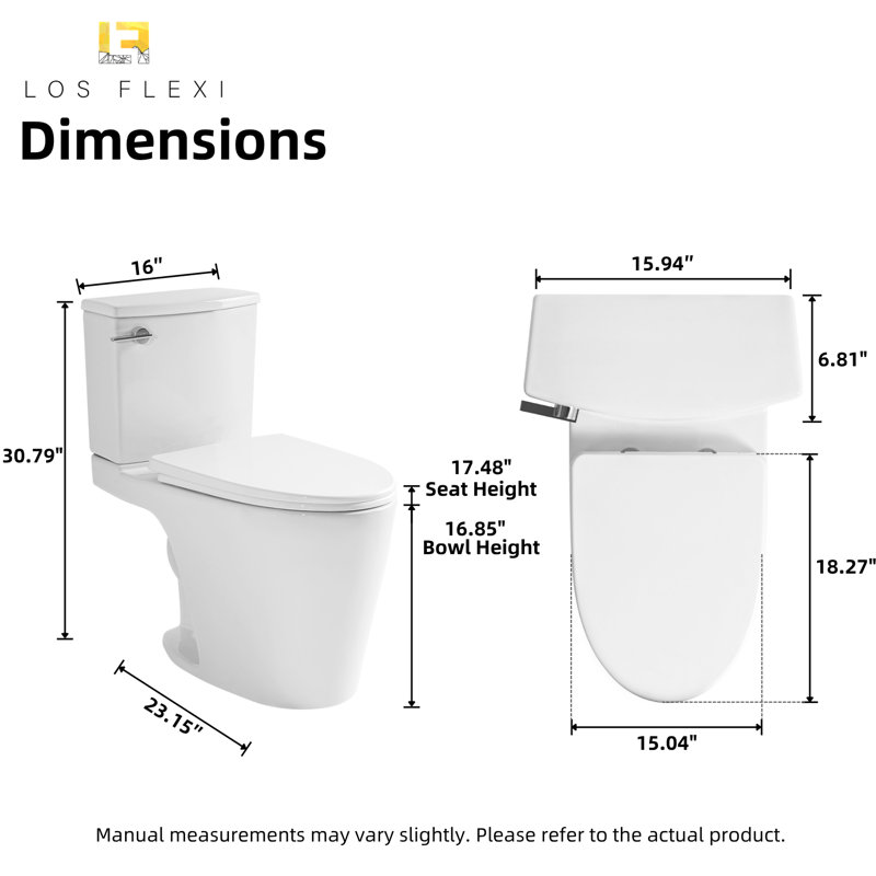 Toilette deux pièces à hauteur de chaise Los Flexi de 17 po, toilette blanche ADA avec chasse d'eau sur jante, chasse simple 1,28 GPF, siège à fermeture en douceur, installation brute de 12 po