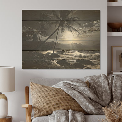 Palmier au bord de la lune - palmiers et palmiers, art sur bois de pin naturel