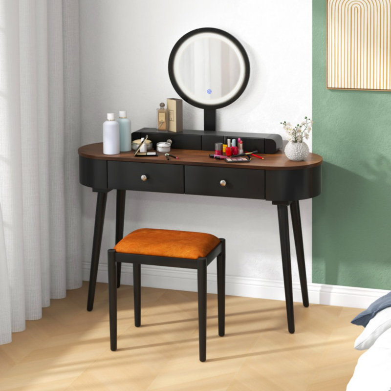 Elegant Makeup Vanity Table Set with LED Mirror and 3 Spacious Drawers, Black/Brown