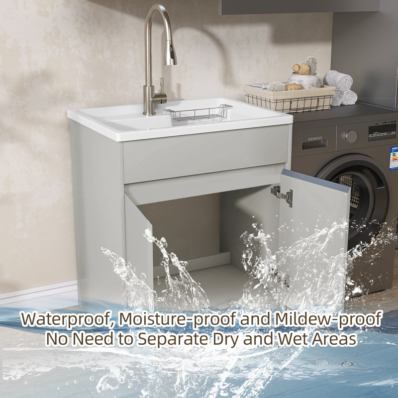 Freestanding 30'' Light Grey Laundry Sink Cabinet with Hot & Cold Water Faucet Drop-in Solid Surface Utility Sink