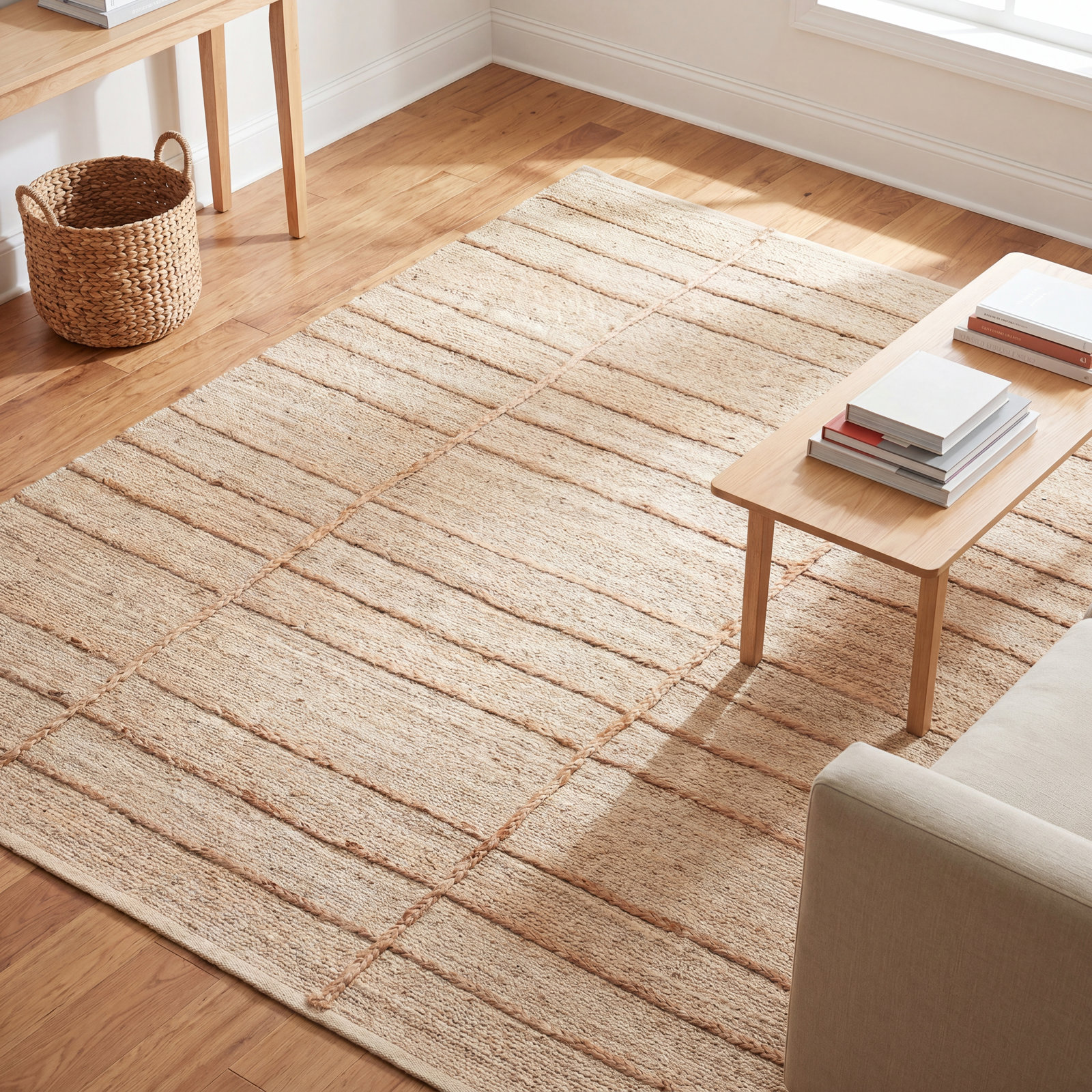 Bement Beige Brown Hand-Woven Geometric Jute Rug, Rectangle 7'9" x 9'9"