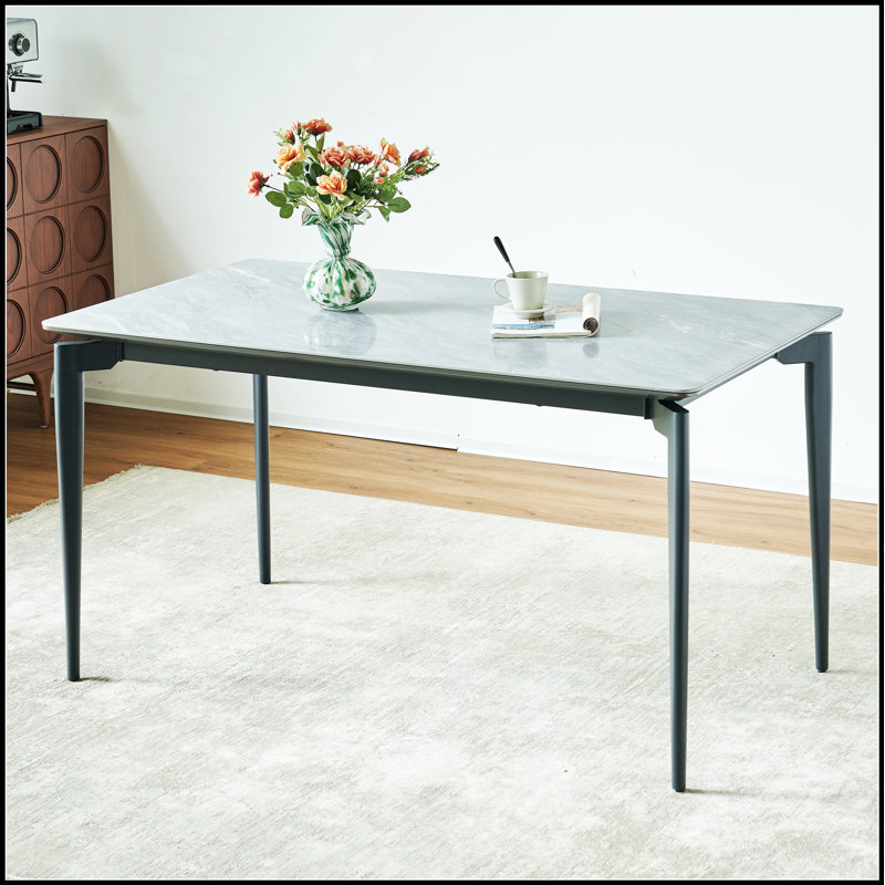 Glossy Sintered Stone Dining Table with Black Legs, Perfect for Family Gatherings and Modern Interiors, Black/Gray
