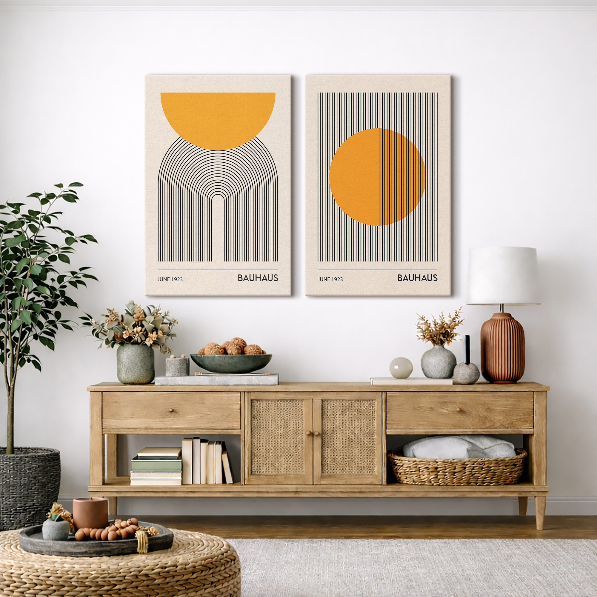 Mid Century Modern Boho Bauhaus Solar Sun Abstract Art Decor Framed On Canvas 2 Pieces Print, 24" H x 32" W, Wrapped Canvas