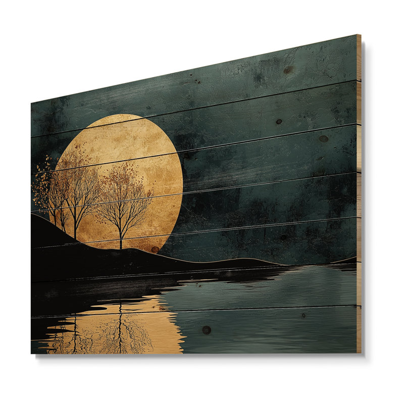 Rivière calme en harmonie dorée émeraude I - forêt et rivière, décoration murale en bois - sur bois de pin naturel