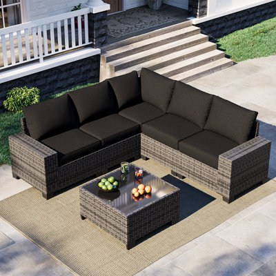 Ensemble de meubles de patio 6 pièces, avec coussins et table basse en verre, ensemble de canapé modulaire en osier de rotin Pe