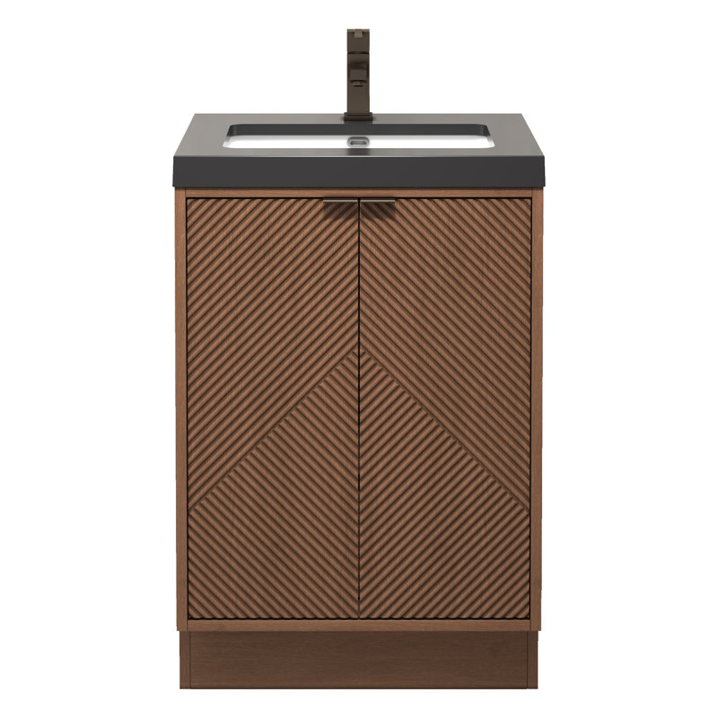 Meuble-lavabo autoportant de 23,6 po Monterey + lavabo en acrylique noir renforcé, Brun