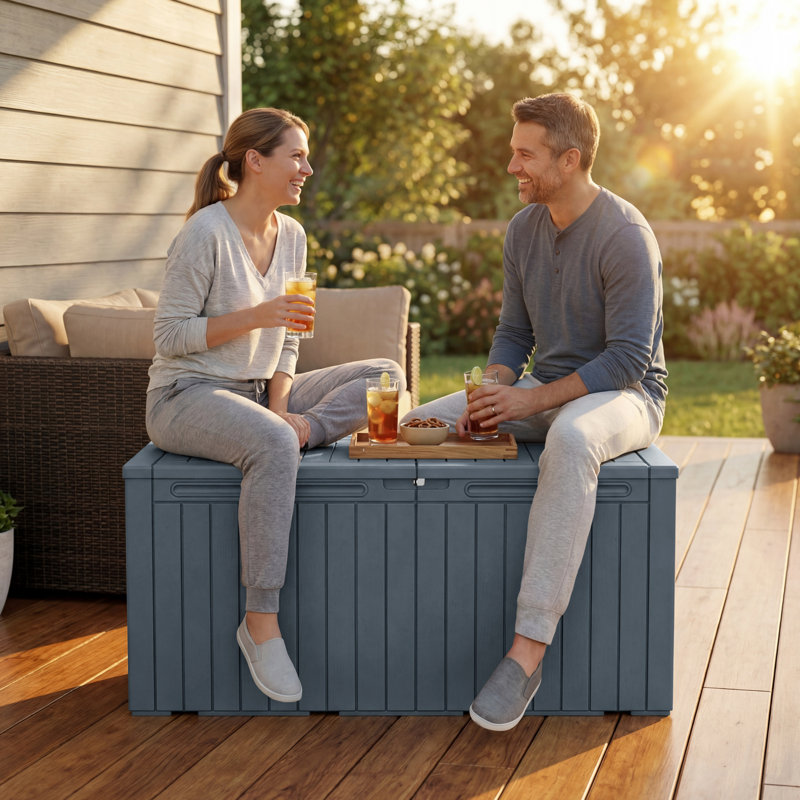 100 Gallon Indoor Outdoor Lockable Storage Box, Large Water Resistant Resin Deck Box, Gray