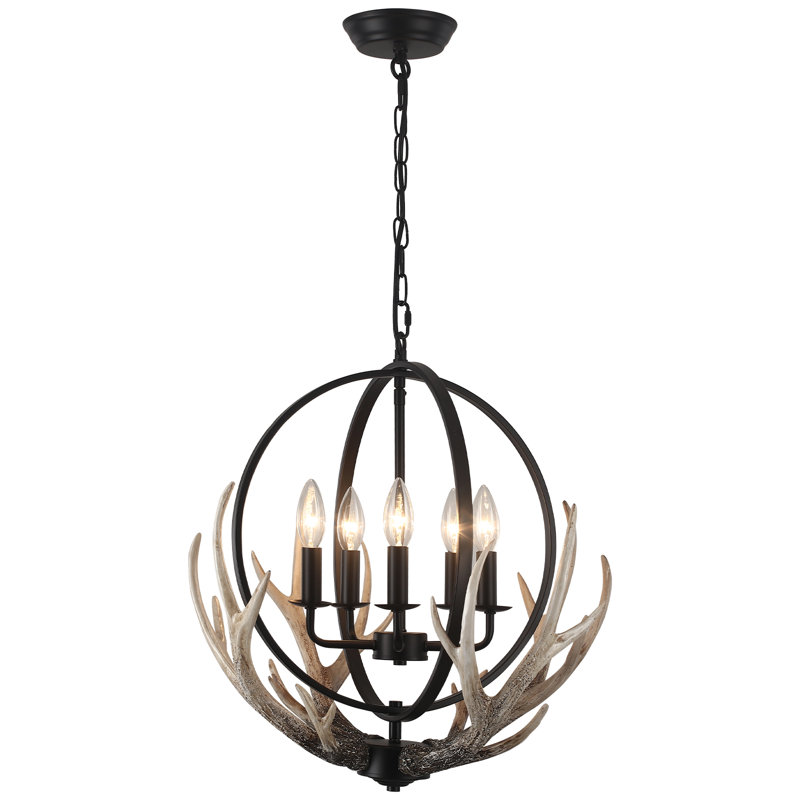5 - Light 20.47'' Dimmable Rustic Farmhouse Globe Chandelier With Antlers Shade Made of Resin Material, Matte Black