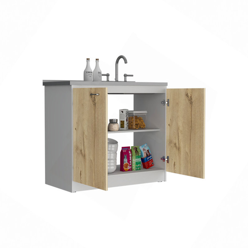 Évier utilitaire avec armoire, une étagère, armoire à deux portes, Blanc/naturel