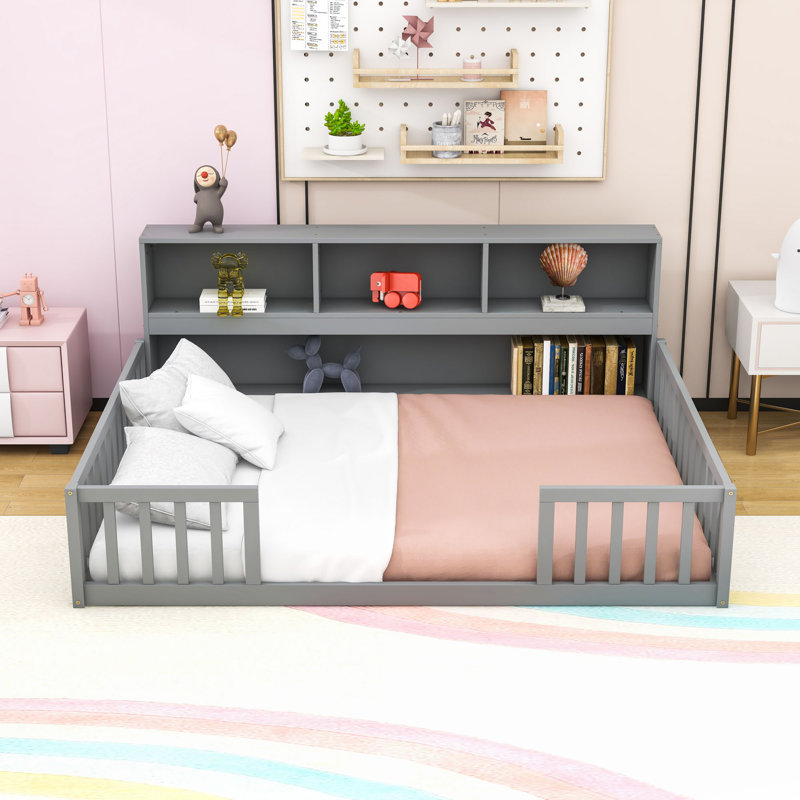 Lit en bois avec tablettes et garde-corps, gris, Complète
