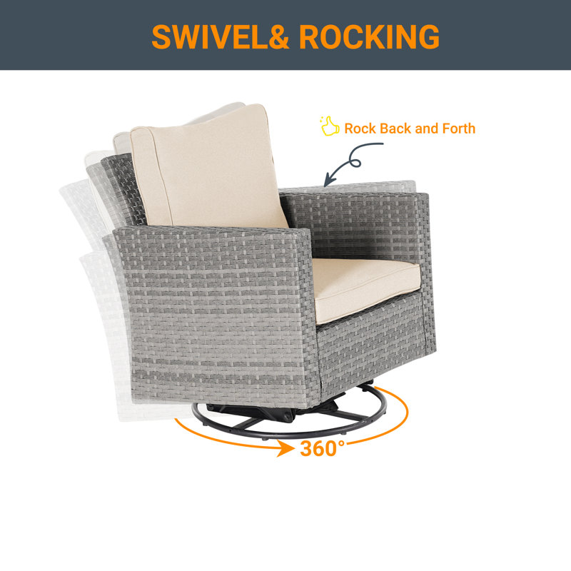 Ashvin 5 Piece Wicker Conversation Set with Cushions and Rocking Swivel Chairs, Beige