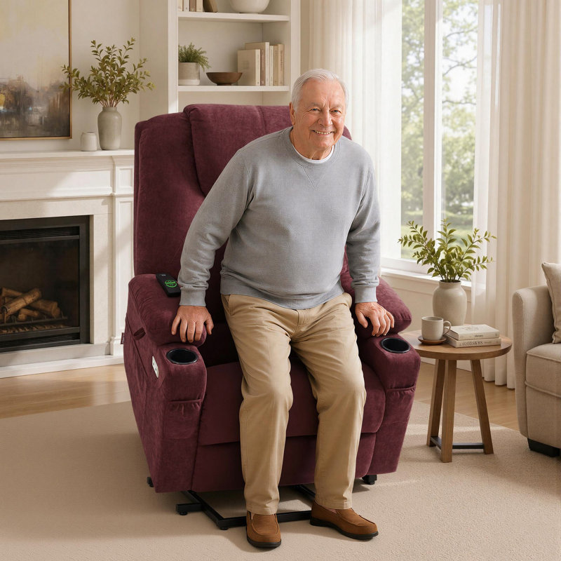Fauteuil inclinable électrique de 25,2 po de largeur avec massage et chaleur, tissu, Bourgogne