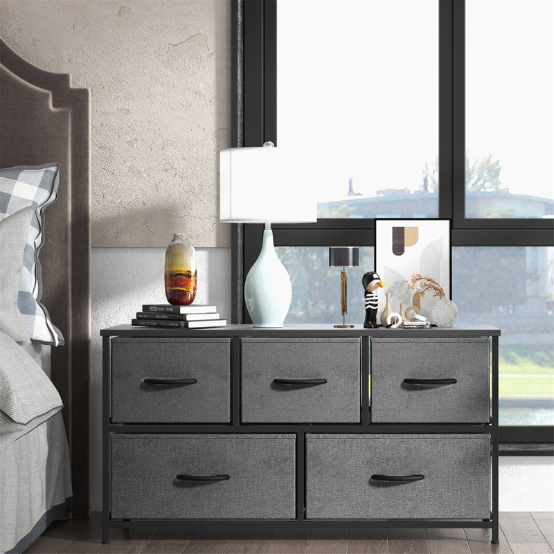 Kathiria 39.4"W 5 Drawer Small Dresser, Kid Dresser, Gray/Black