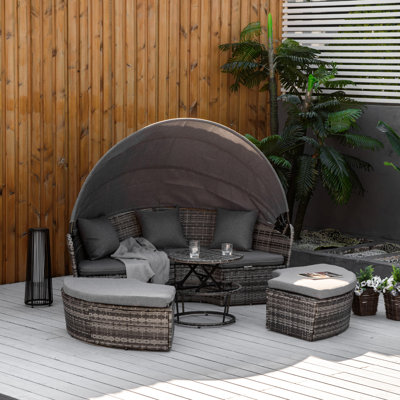 Jazmyne Outsunny 4 Piece Round Rattan Daybed, Convertible Patio Furniture Set, Adjustable Sun Canopy, Sectional Outdoor Sofa, 2 Chairs, Extending Tea Table Ottoman Chair, 3 Pillows, Dark Blue