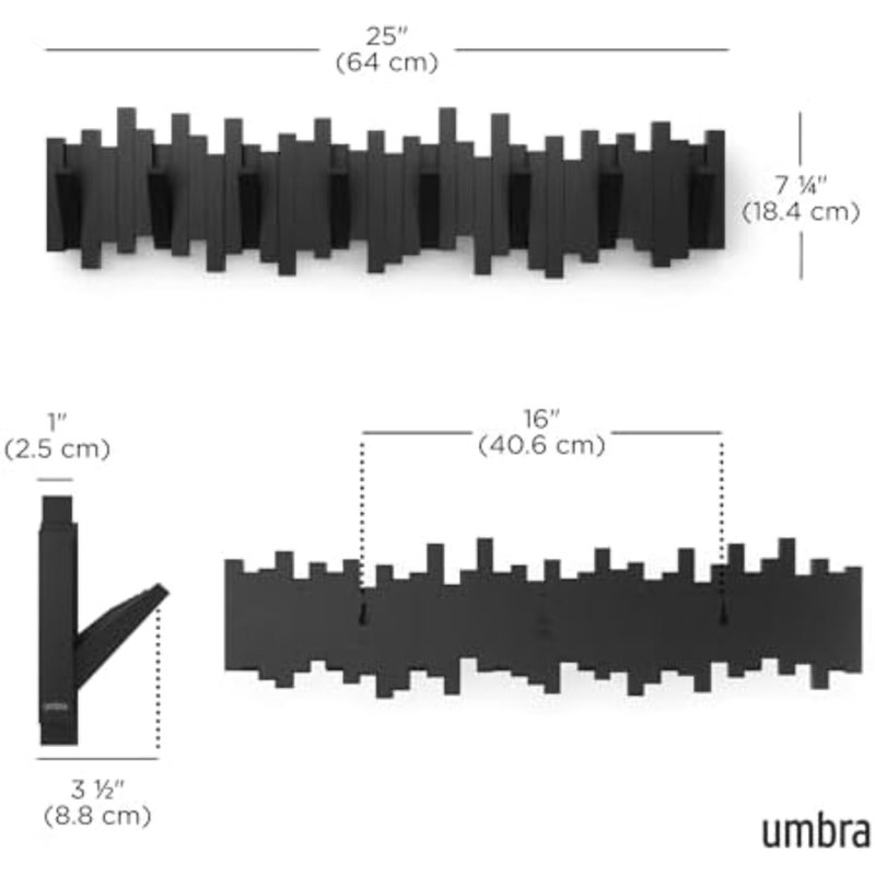 Portemanteau mural Sticks, fixation murale, 8 crochets rétractables, noir | Conception sculpturale moderne, supporte jusqu'à 2,3 kg par crochet, idéale pour les entrées et les chambres, installation facile, plastique recyclé