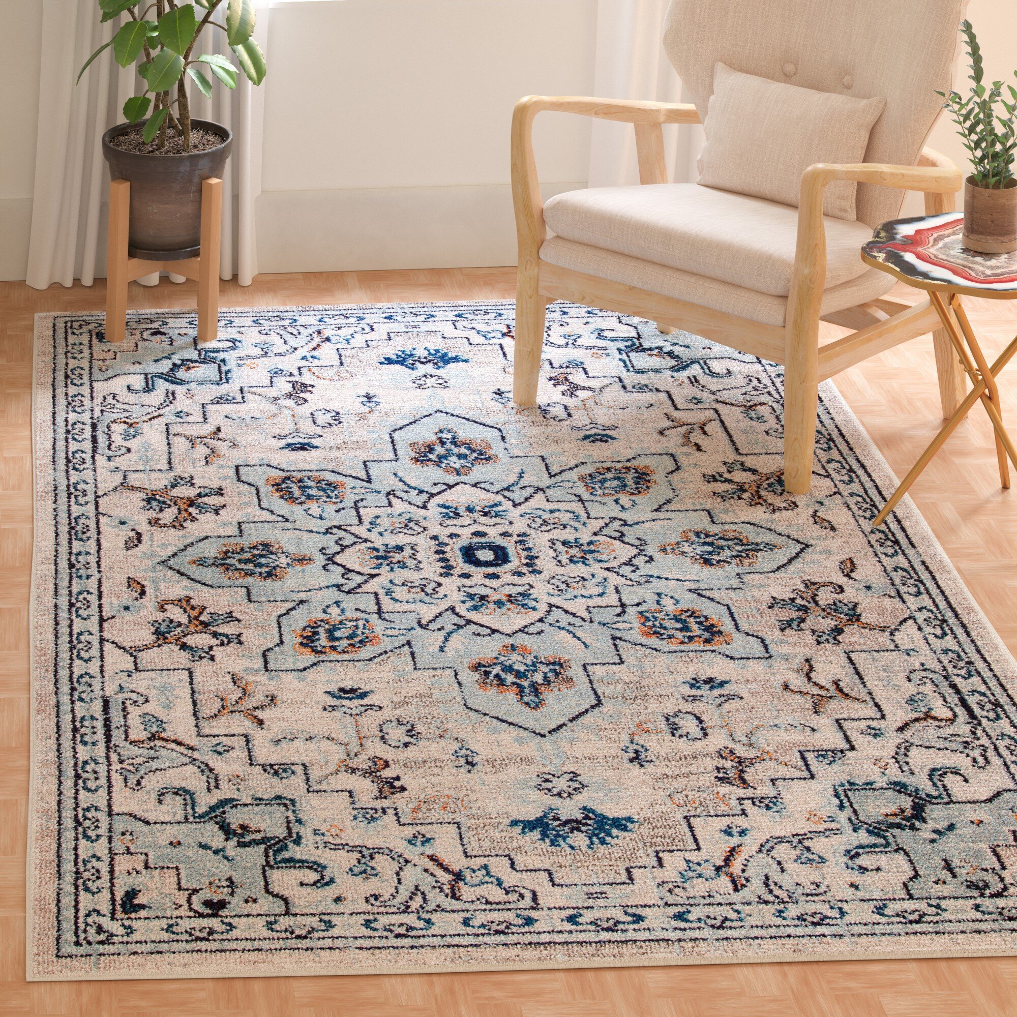 Oriental Machine Woven Rectangle 6' x 9' Synthetic Area Rug in Blue/Brown/Ivory Bungalow Rose