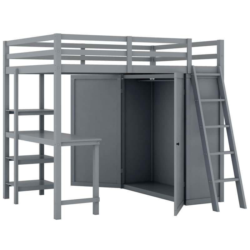 Lit mezzanine double avec garde-robe Hedieh, Gris