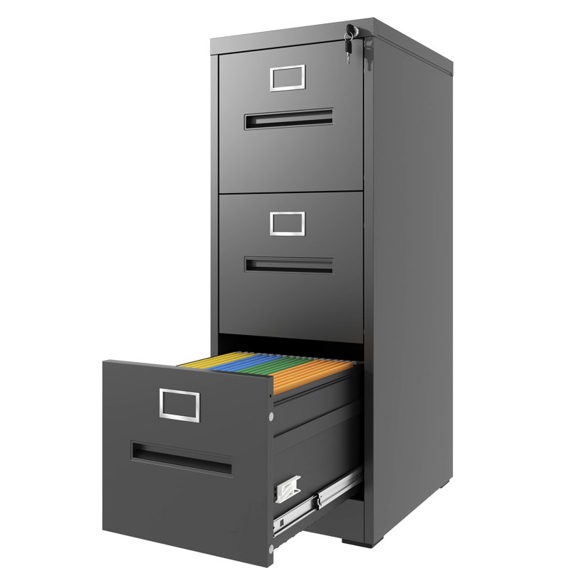 3 Drawer Metal File Cabinet With Lock, A4 Letter Legal Capacity, Office Home Solution, Quiet Operation Smooth Surface, Black