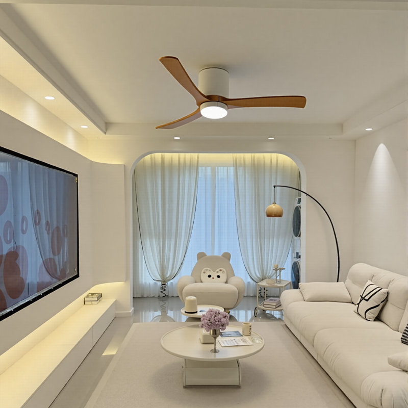 Ceiling Fans with Lights Dimmable and Remote Control Flush Mount, 51.96" Wide, Light Yellow Wood, White