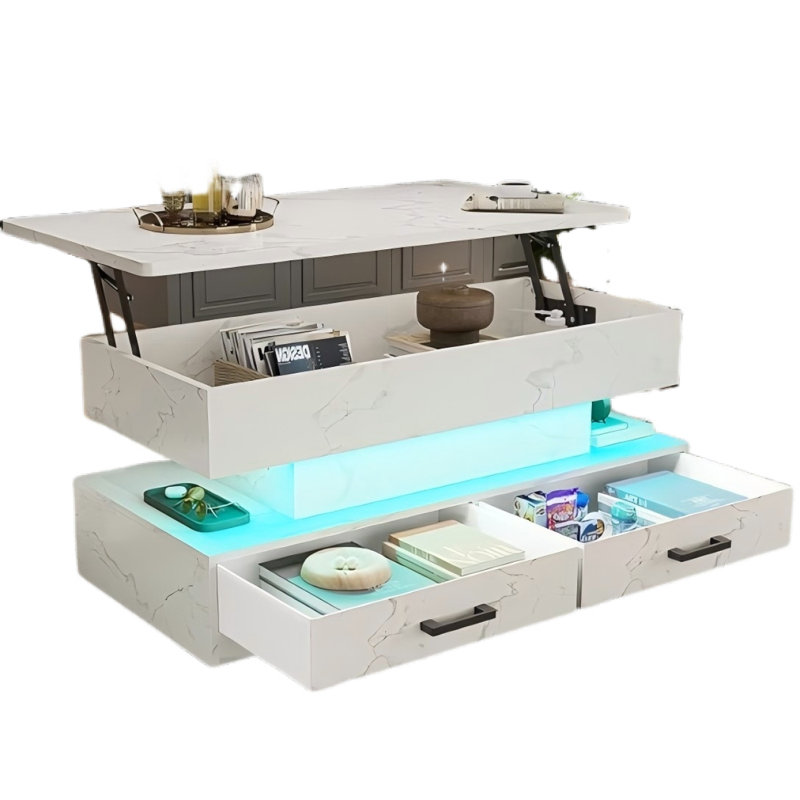 Table basse pliante à trois niveaux avec tiroirs pour le salon, Blanc