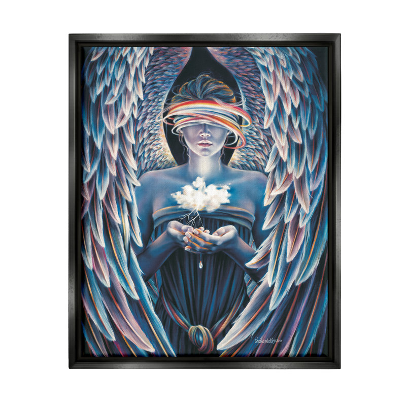 Peinture surréaliste ange tenant un nuage par Sheila Wolk, H 21 po x l 17 po x P 1,7 po, Cadre flottant noir de jais