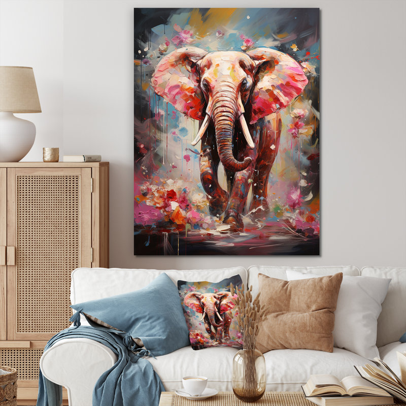 Imprimé sur toile, éléphant rose, Toile tendue, H 32 po x l 16 po x P 1 po