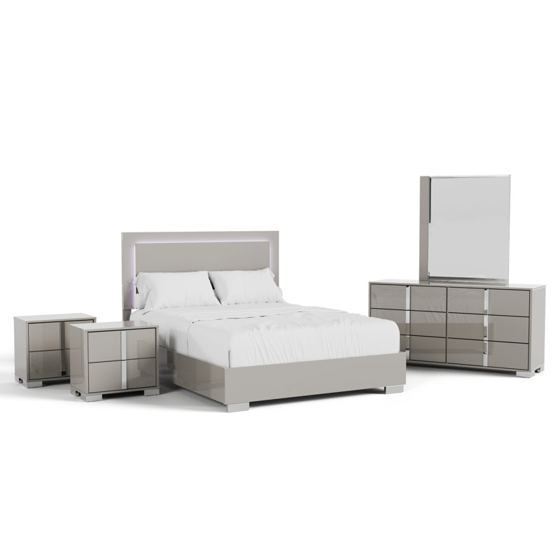 Ensemble de chambre Duckworth, Grand, Gris taupe, Cinq pièces : Lit, 2 tables de chevet, commode, m