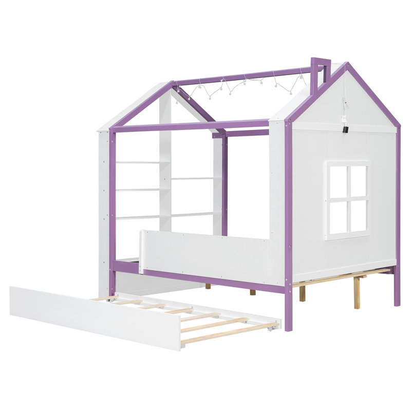 Twin Size House Bed Frame with Pull-Out Trundle, Tail End Storage Shelves and Cool White LED Lights, White+Blue, White+Purple