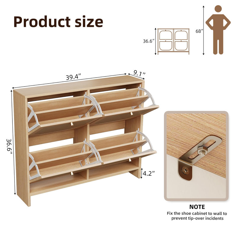 Armoire à chaussures 16 paires avec 4 tiroirs rabattables, Bois