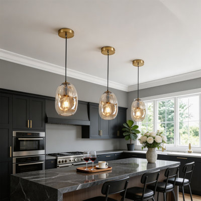 Amber Glass Pendant Light, Modern Gold Canopy Teardrop Glass Hanging Light with Adjustable Cord, E26 Base Single Ceiling Pendant Fixture for Kitchen Island, Dining Room, Entryway