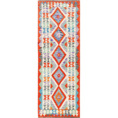 2'10"x8'4" Colourful, Vegetable Dyes, Hand Woven, 100% Wool, Flat Weave, Afghan Kilim with Geometric Pattern, Reversible, Runner, Oriental Rug