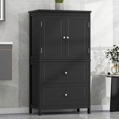 Bathroom Storage Cabinet With Two Doors, Drawers, And Adjustable Shelf For Efficient Organization, Durable MDF Board Construction