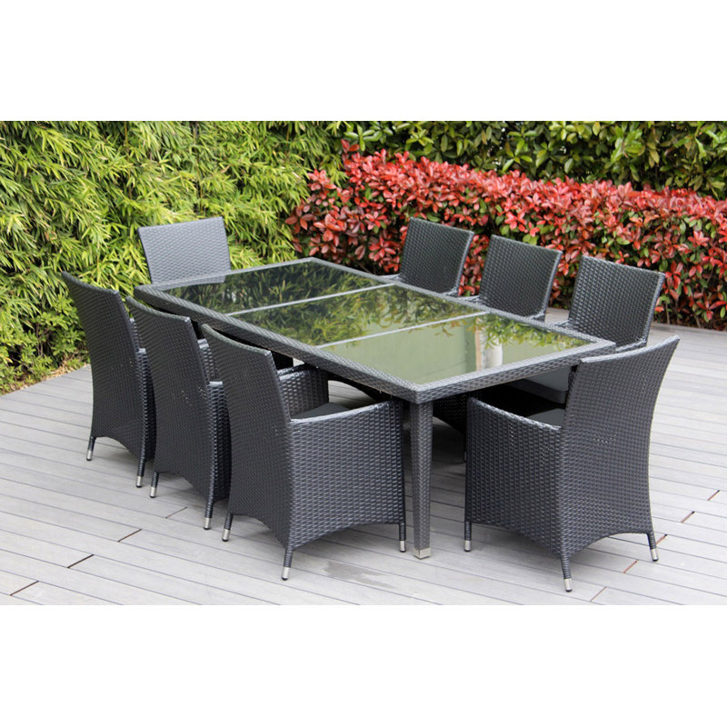 Pavior 8 - Person Wicker Patio Dining Set with Rectangular Table , Cushions Included, Supercrylic Turquoise, Black