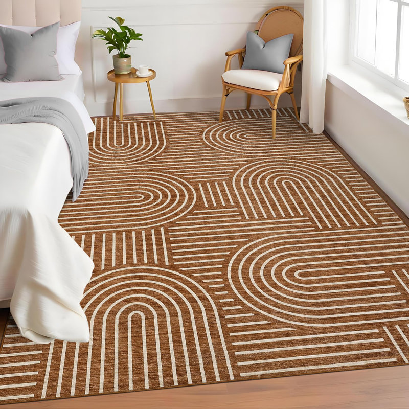 Tapis d'intérieur ultra-doux et lavable Modern Rhythm Melody Camel, 152 x 213 cm (5 x 7 pi), 350 g/m², à poils longs, pliable et imprimé, avec envers en TPR, idéal pour le salon, la chambre, la salle à manger et la décoration intérieure.
