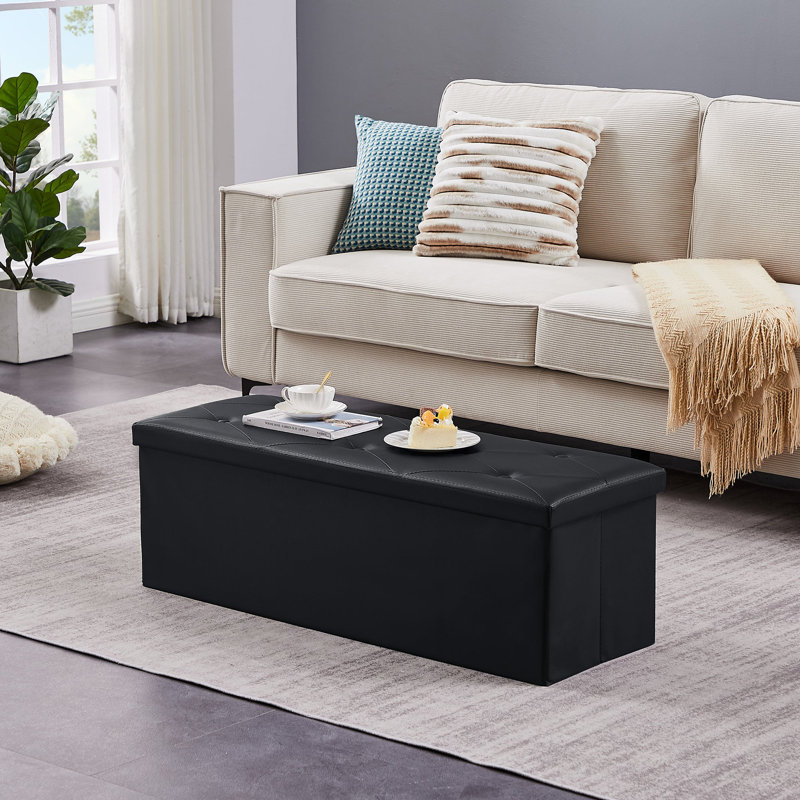Nairne 110cm Wide Faux Leather Tufted Rectangle Solid Colour Storage Ottoman with Storage, Black