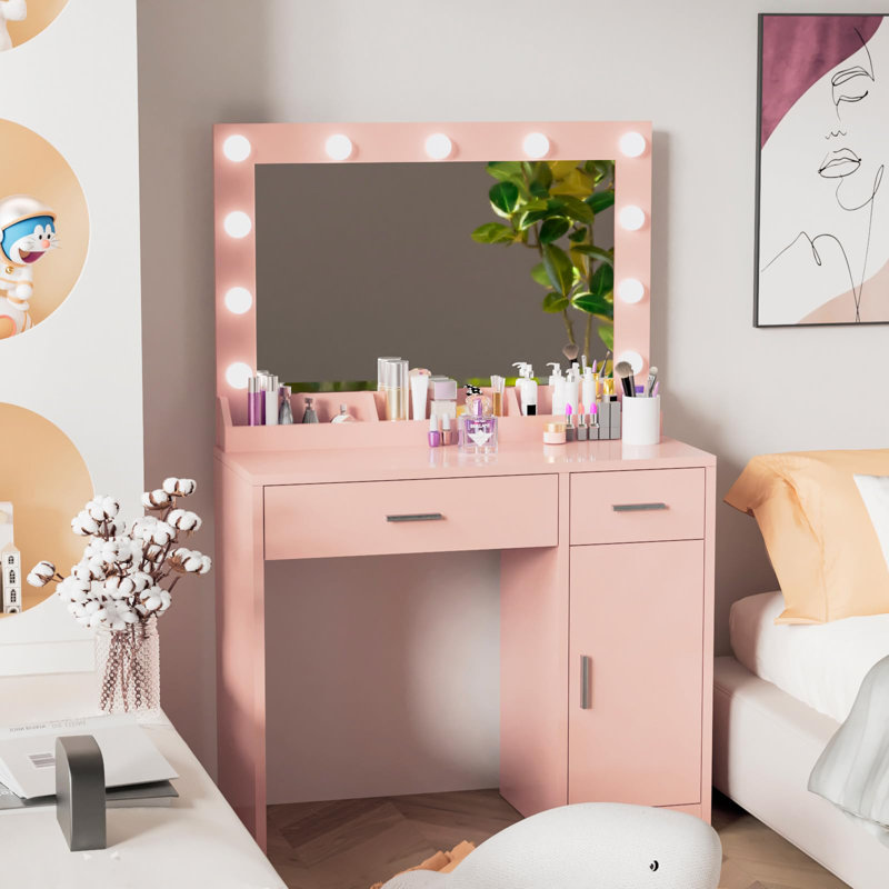 Coiffeuse Frisco avec 2 tiroirs et 1 armoire, Rose