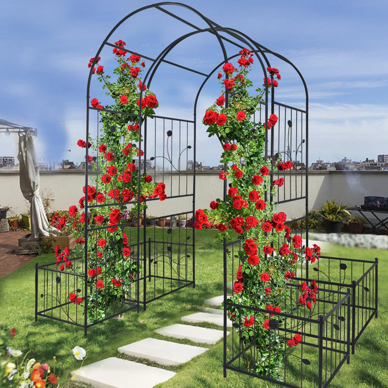 Arche de jardin en métal avec deux supports à plantes - Support pour plantes grimpantes de 79,5 po de largeur x 86,6 po de hauteur, tonnelle d'extérieur, noir