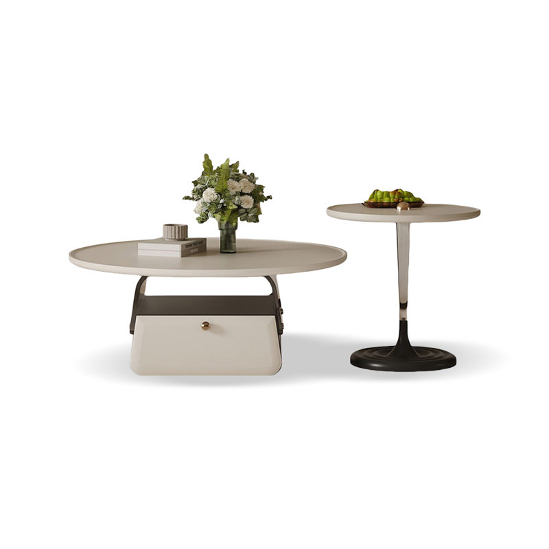Table basse ronde 35,43 po blanc crème + bois manufacturé noir + acrylique