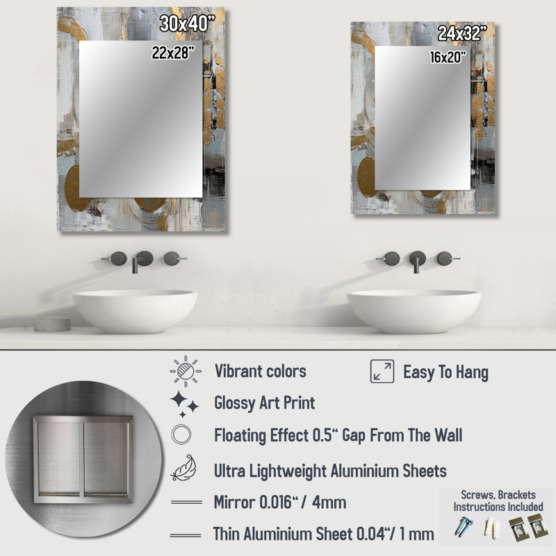 Gold And Grey Radical Simplicity II - Abstract Midcentury Mirror, Modern & Contemporary Unique Wall Mirror, Printed Metal Art