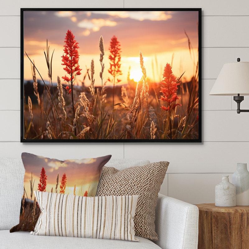 Champ de fleurs sauvages avec coucher de soleil, reproduction sur toile, H 24 po x l 32 po x P 1 po, Cadre flottant noir
