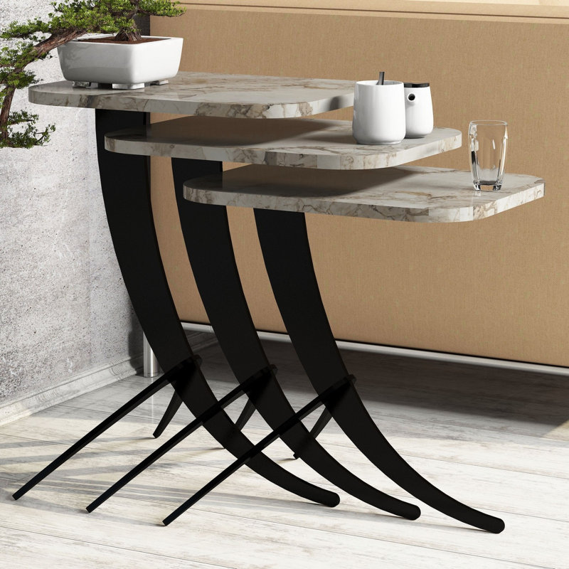 Hico 3 Piece Nest of Tables, White/Brown