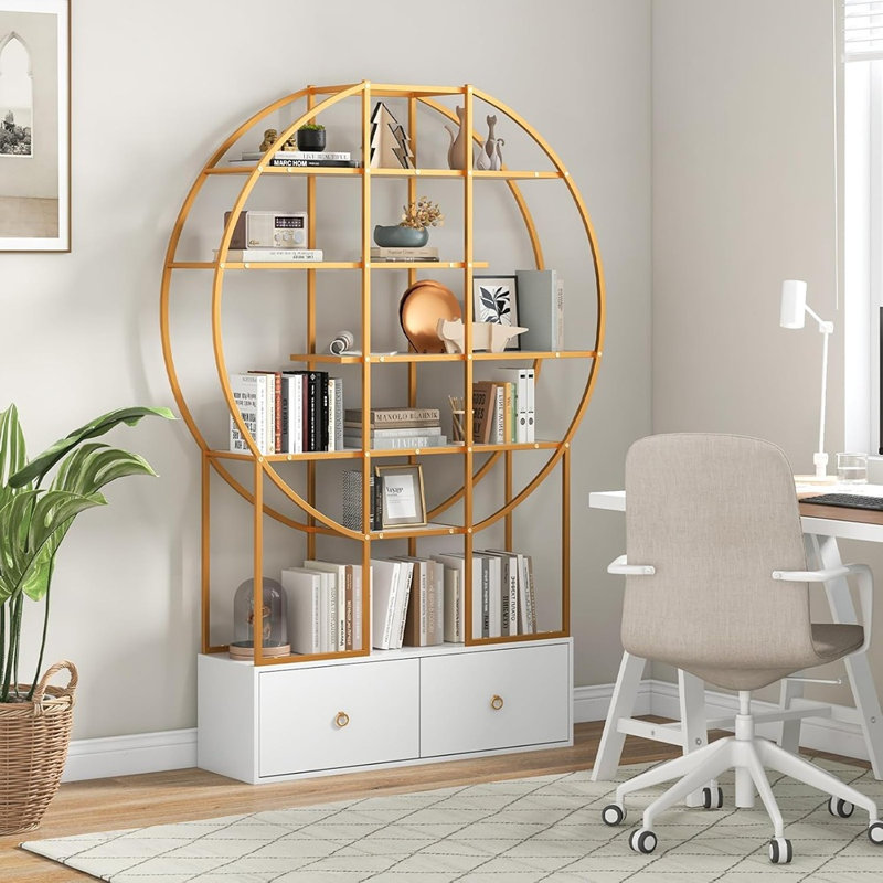 Bibliothèque ronde à 6 niveaux avec 2 tiroirs - Bibliothèque en métal de 71 po de hauteur avec tablettes ouvertes pour présentation sur pied - Finition dorée moderne