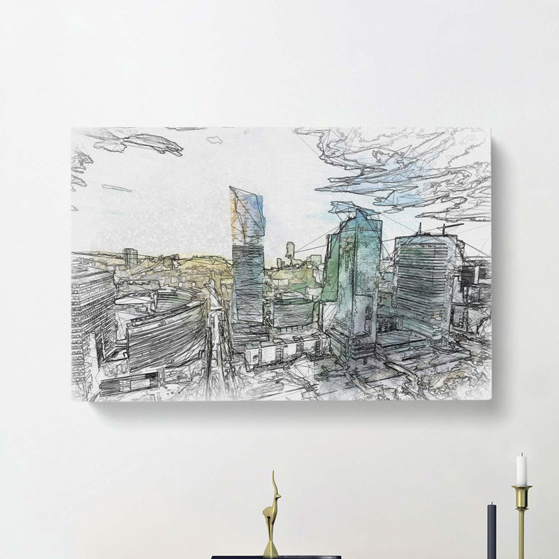 Skyline of Warsaw in Poland in Abstract - Wrapped Canvas Drawing - Wrapped Canvas, 50cm H x 76cm W x 3cm D