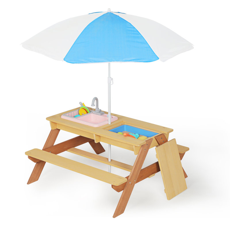 Table de pique-nique en bois pour enfants, table de sable et d'eau avec parasol, table d'activités pour jouer sur la terrasse