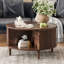 Table basse ronde avec rangement, plateau relevable cannelé, porte d'armoire coulissante, design moderne, noyer-724339467